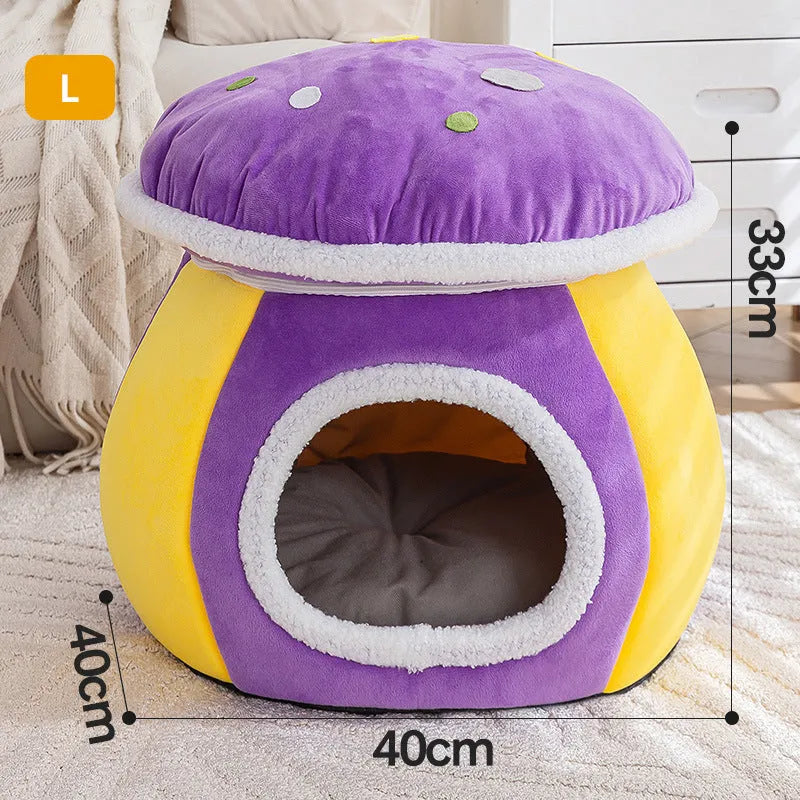 Grey mushroom-shaped cat nest bed with a detachable plush blanket for indoor cats.