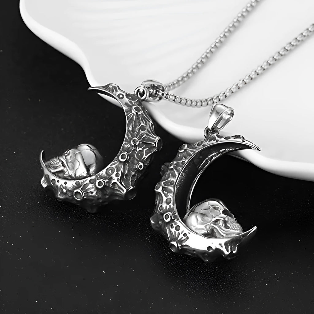 Men's stainless steel skull necklace with electroplated silver finish showing six pendant colour options