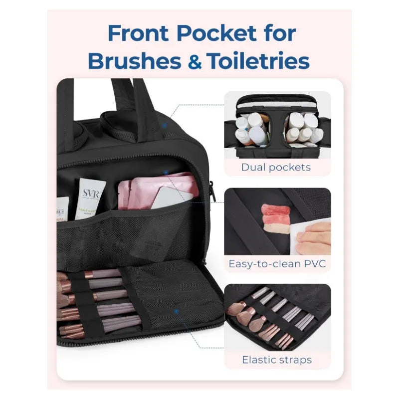 Large fluffy travel toiletry bag in beige colour with wide open design showing interior