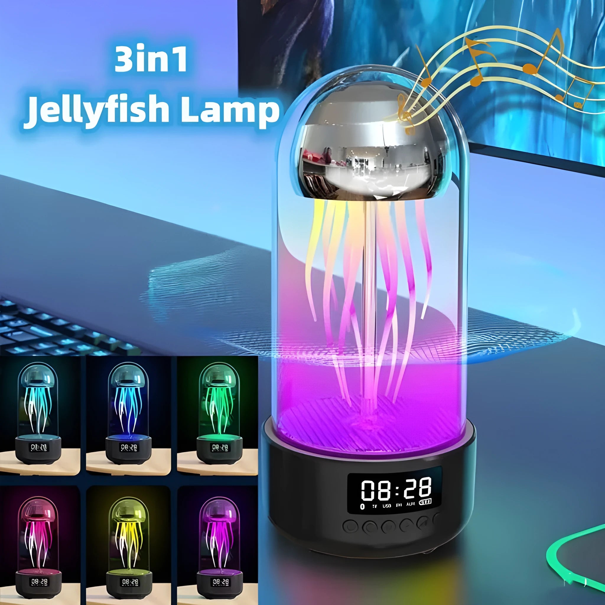 Creative 3in1 jellyfish lamp Bluetooth speaker with clock and colourful breathing lights in pink