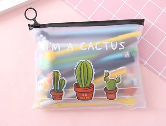 Marvel cartoon cactus boy and girl design pens in a plastic storage case.