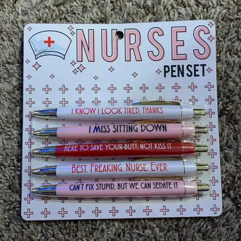 Set of five blue nurse-themed retractable ballpoint pens with plastic casing.