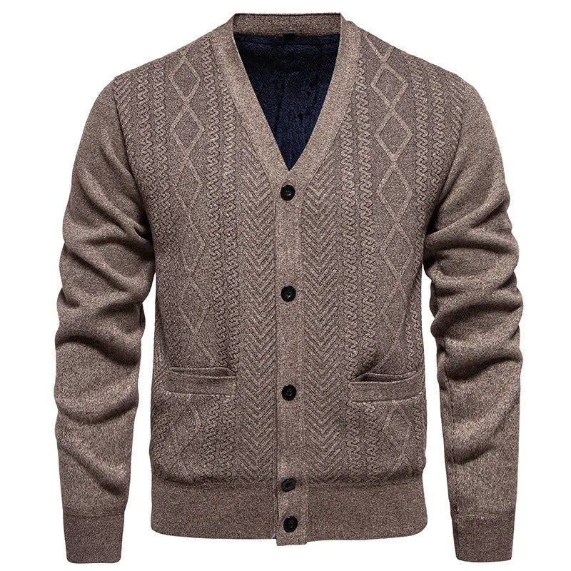 Men's striped cardigan sweater with wool lining in brown, available in plus sizes.