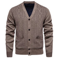 Men's striped cardigan sweater with wool lining in brown, available in plus sizes.