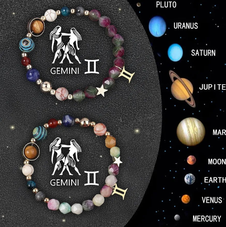 Twelve Zodiac Sign natural stone beaded bracelets showing adjustable designs for astrology jewellery