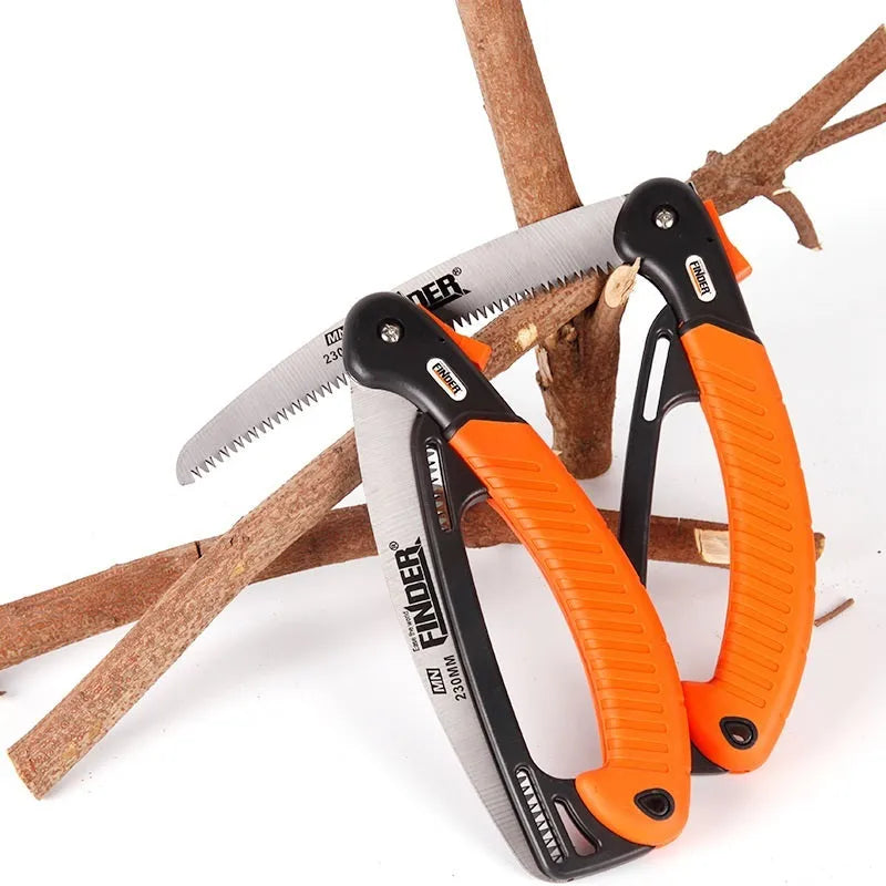 A folded and unfolded view of a 9-inch garden saw with a TPR grip and 65MN steel blade.