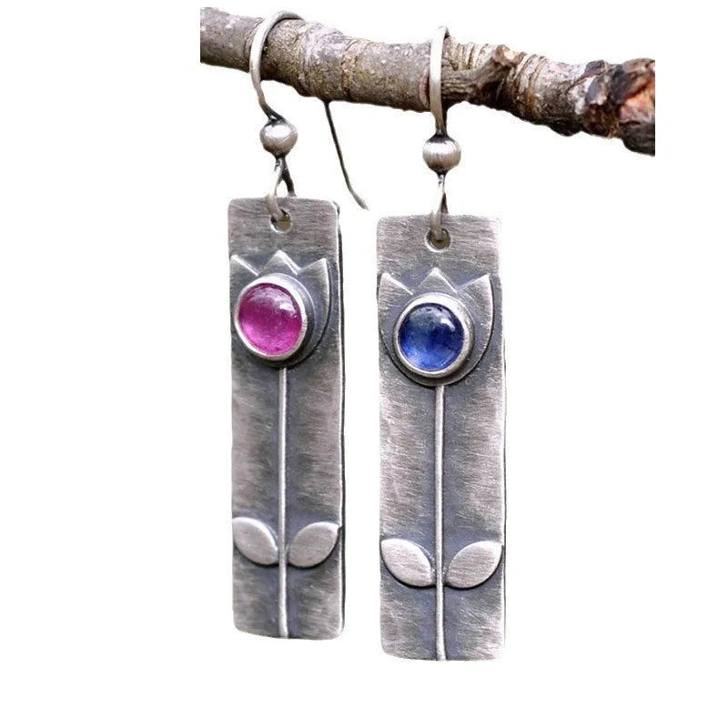 Antique finish red sapphire geometric drop earrings with ellipse design on electroplated metal