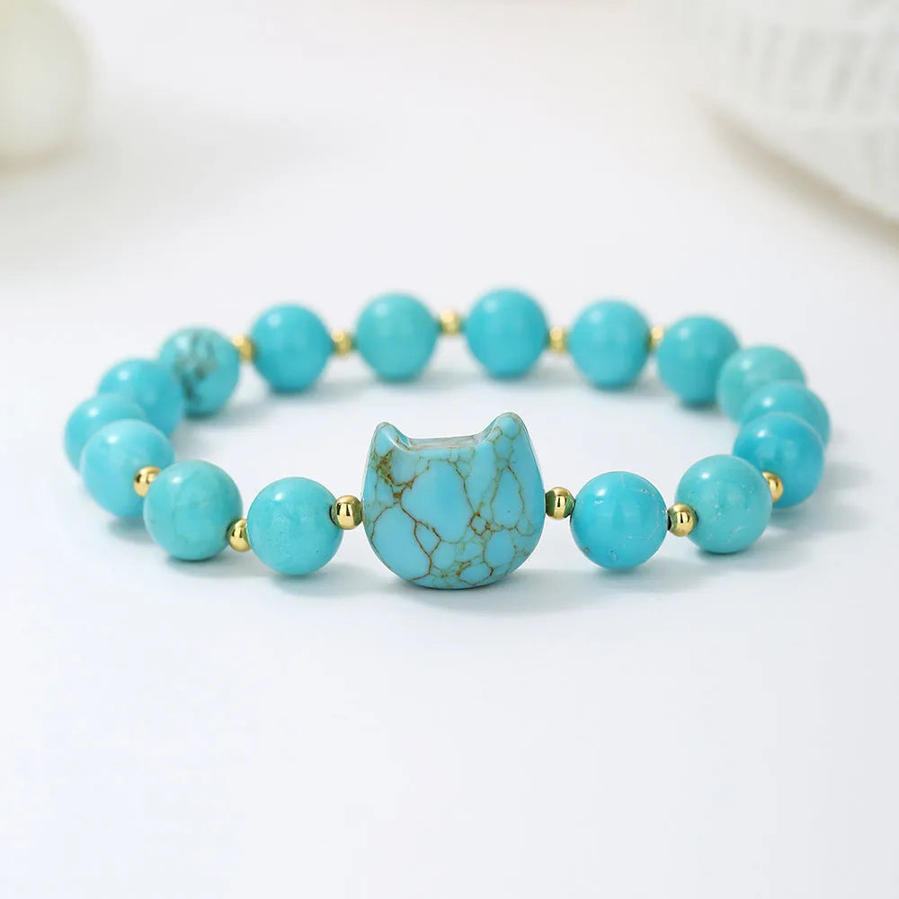 Natural stone cat head charm bracelet in Gray Moonlight colour – hand-strung stone beads on cord