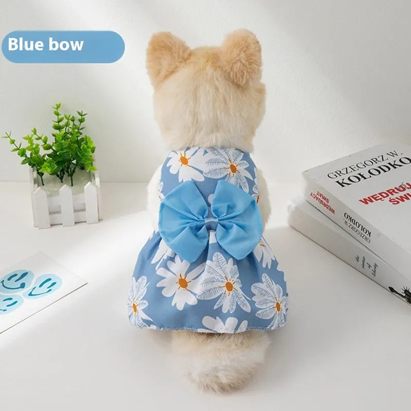 Ultra-thin summer pet dress with floral butterfly knot at neck in multiple bow colour options