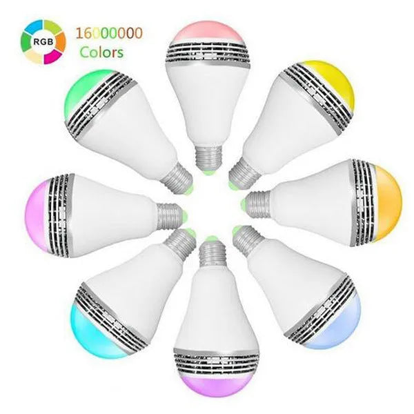 White E27 smart bulb with Bluetooth speaker, showing dimensions and RGB colour illumination.