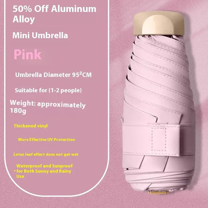 Compact five-fold sun umbrella with a gradient vinyl-laminated canopy and an alloy frame.