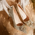 Xiuhe champagne bridal shoes with pointed toe, rhinestone decoration, and fragmented flowers pattern