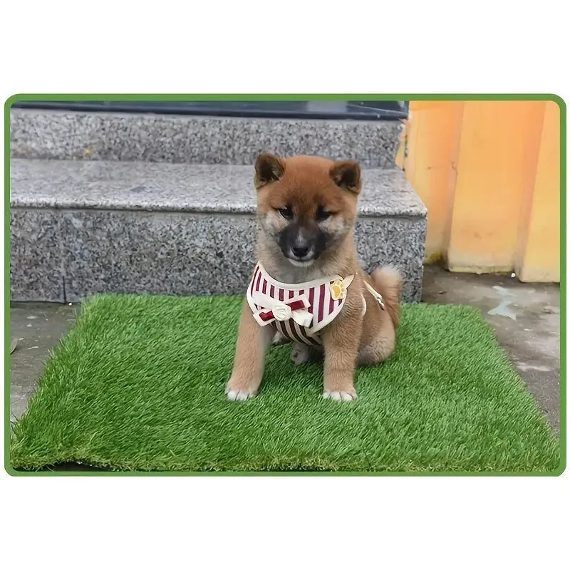 Artificial grass dog toilet training mat on a floor, shown in small, medium, and large sizes.