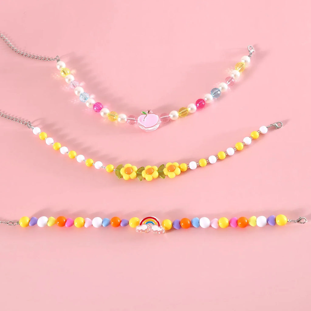 Colourful plastic bead cat necklace adjustable for pet wear in rainbow, peach, or small flower patterns