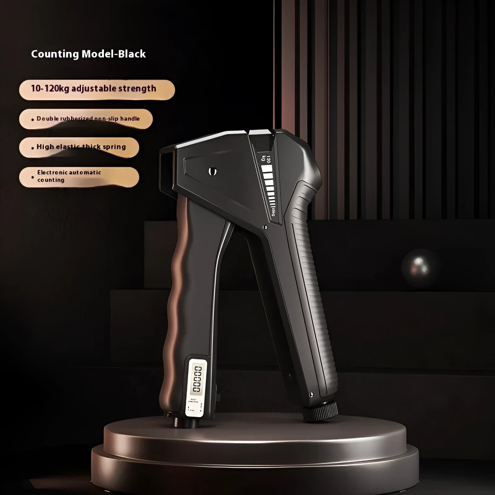 Adjustable hand grip strengthener with mechanical force display, shown in orange colour.