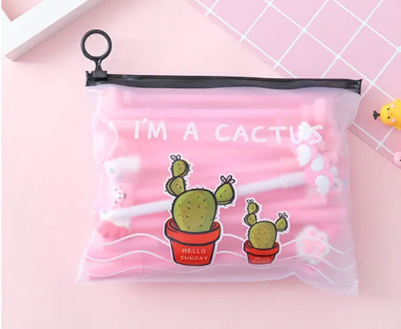 Marvel cartoon cactus boy and girl design pens in a plastic storage case.