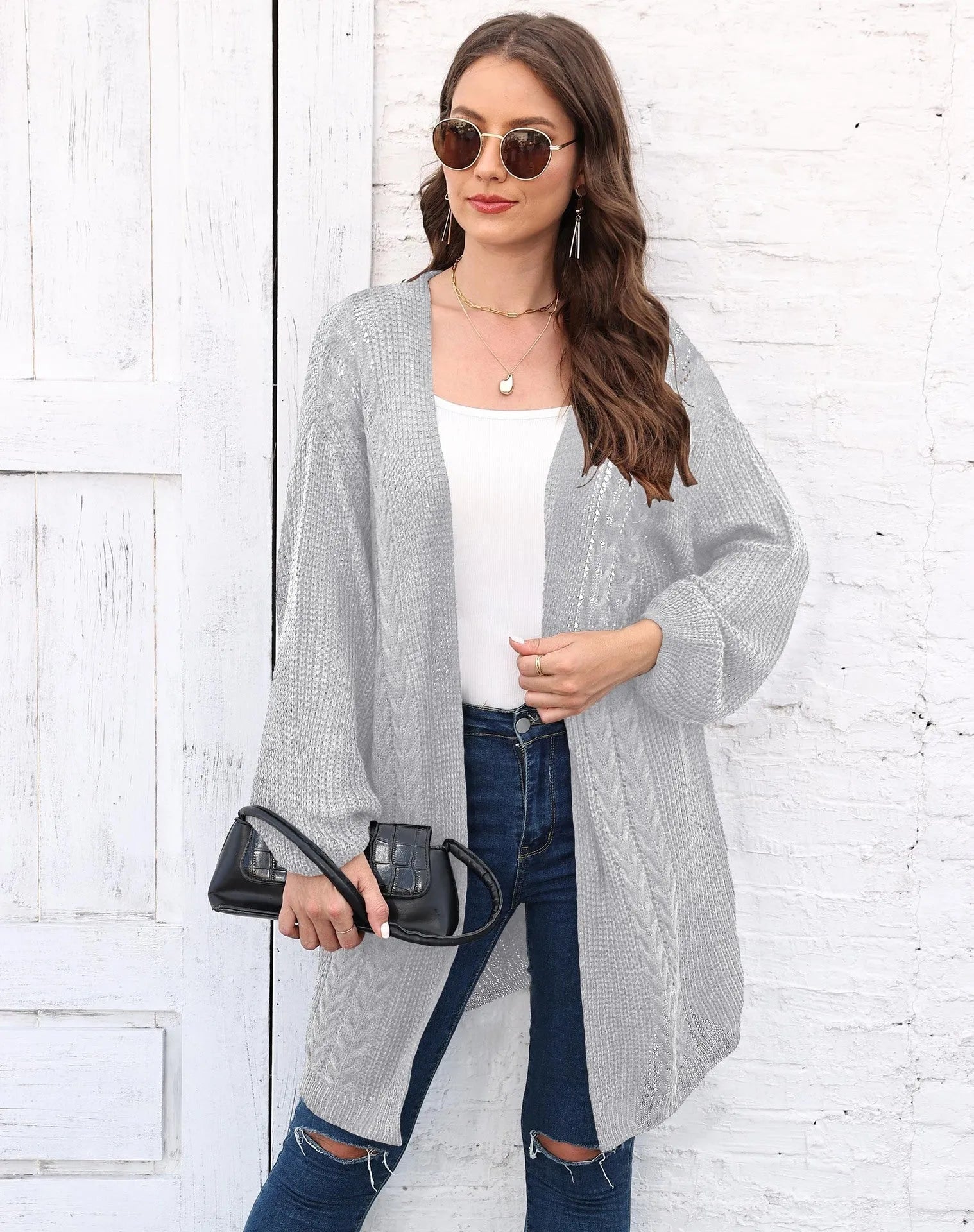Women's loose acrylic sweater coat in army green colour showing European-American style casual fit