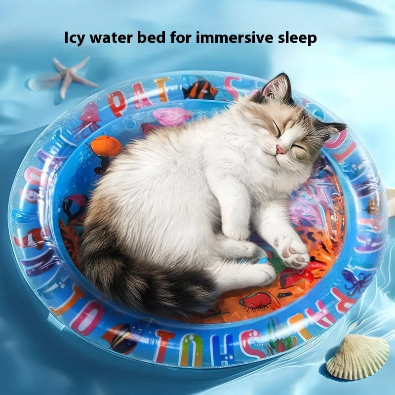 Inflatable PVC water cooling mat for pets on a blue background.