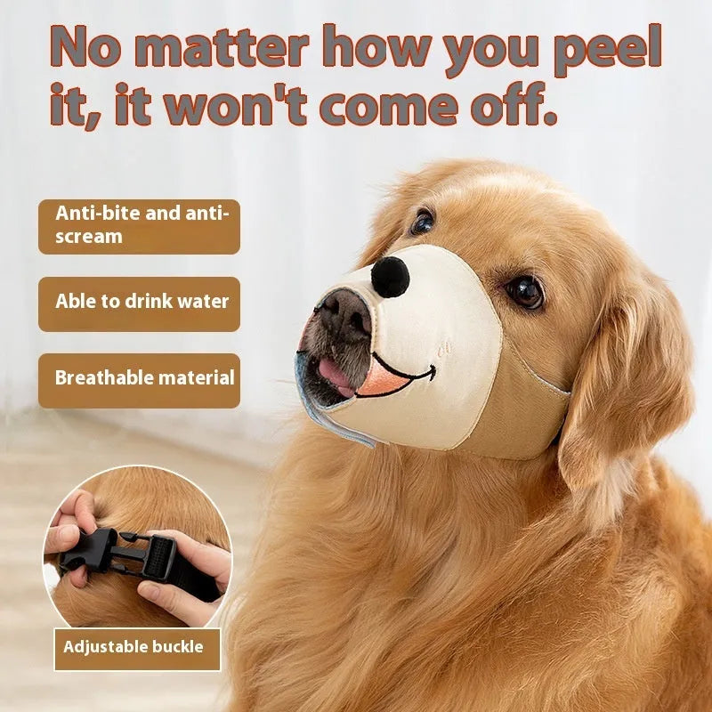 Canvas dog muzzle anti-bite mouth cover in Ollie Brown Bear colour showing weight-based sizing options