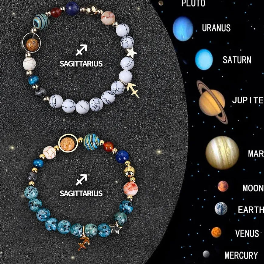 Set of twelve natural stone beaded bracelets featuring zodiac sign designs
