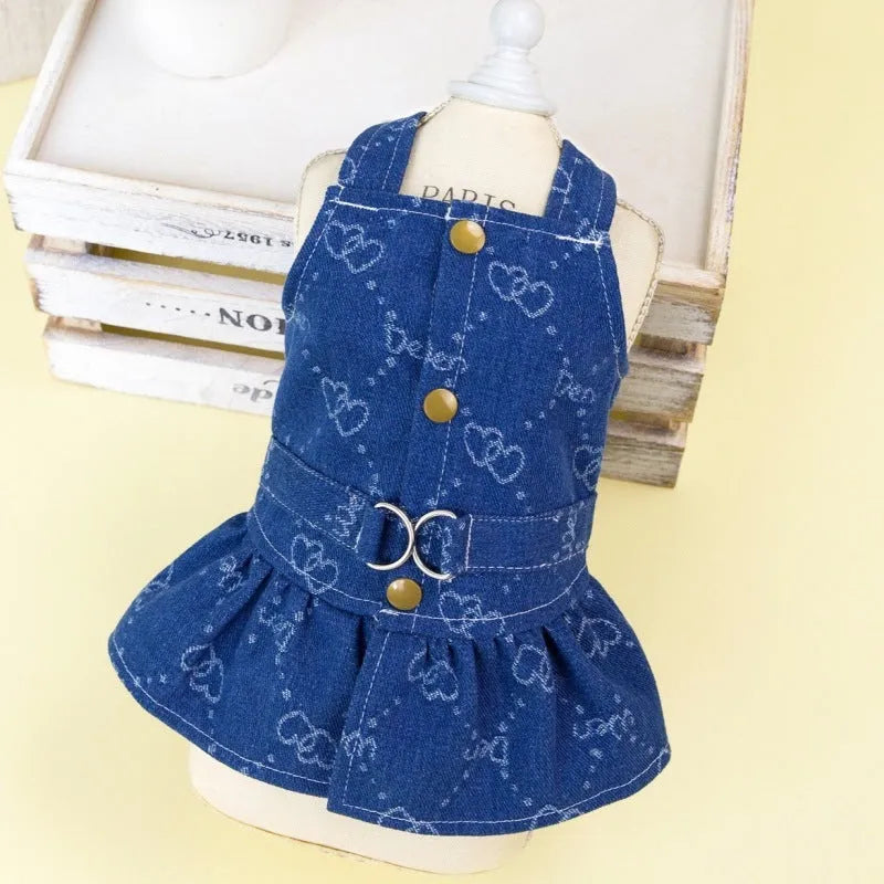 Small dog wearing denim princess dress with bracket skirt design for spring and autumn seasons