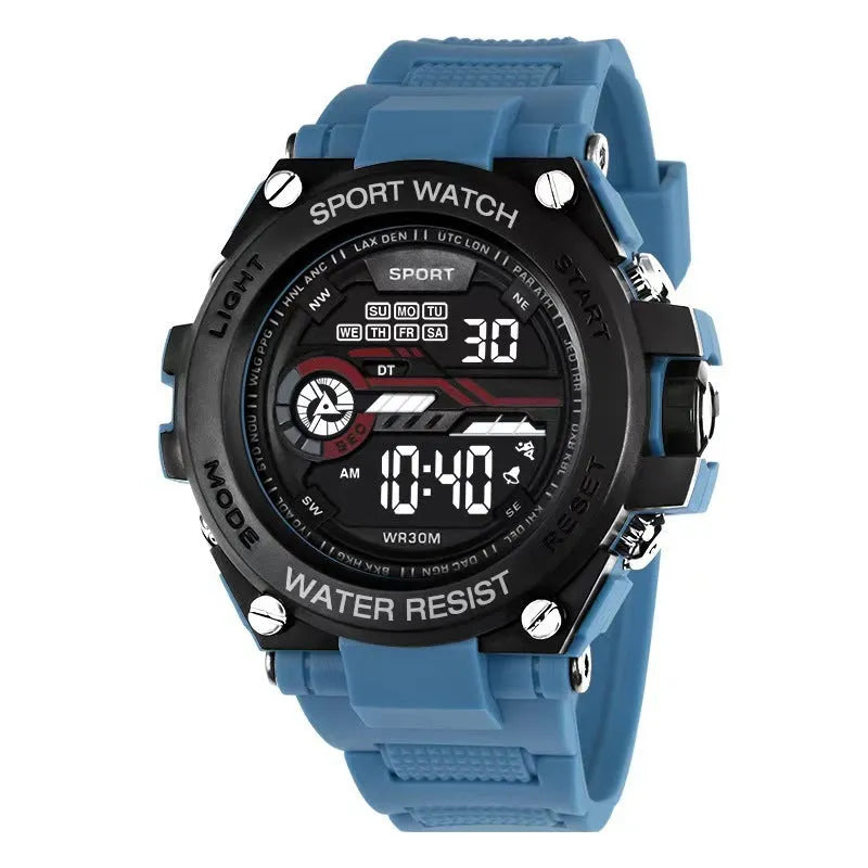 Digital electronic watch for teenagers and students showing LED display and colour options
