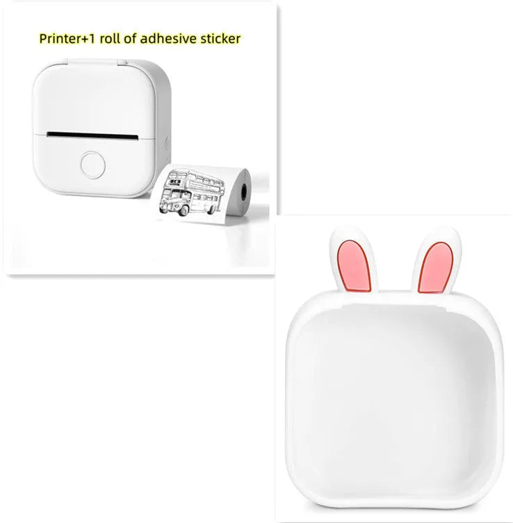 Phomemo T02 mini thermal label printer in white, showing front view with roll of sticky paper