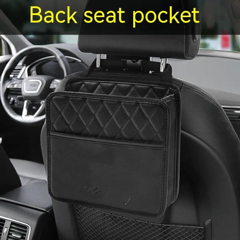 Leather hanging storage bag for car interiors in black colour