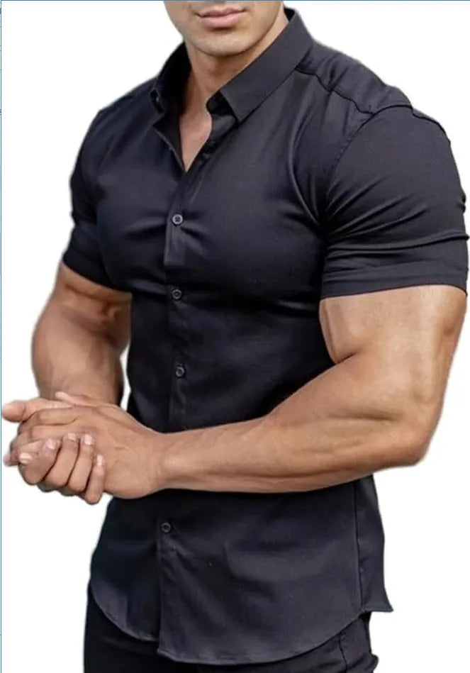 Men's casual short sleeve printed shirt with collar in cardigan style, available in multiple colours.