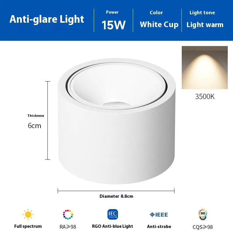 Ultra-thin surface mounted adjustable angle ceiling light aluminium 12W 15W black white finish