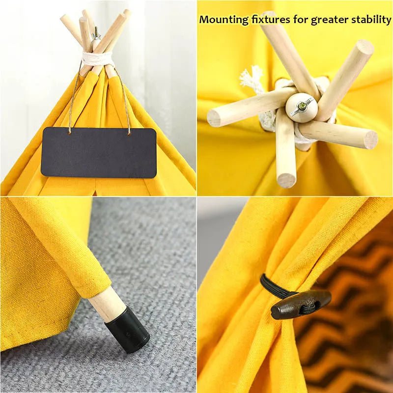 Striped linen pet teepee tent bed with cushion for small dogs or cats.