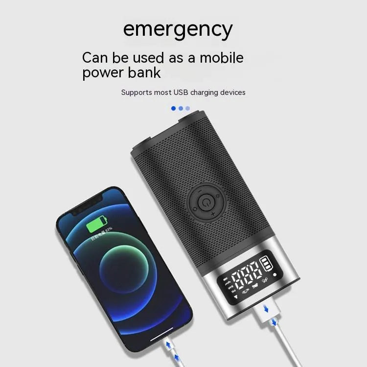 Black portable wireless smart vehicle air pump with LED light and multiple inflation nozzles