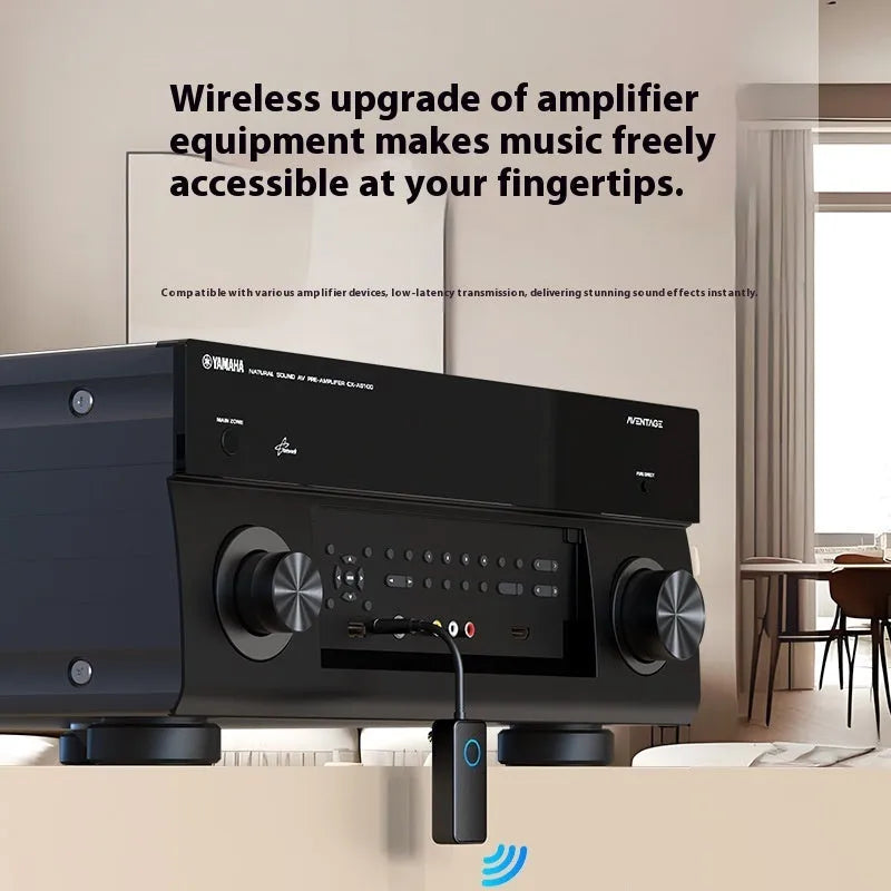 Black Bluetooth 5.4 audio adapter with flexible 3.5mm plug for wireless streaming to wired sound systems