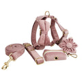 Light purple pink velvet dog collar and accessories set showing multiple pieces including collar, leash, bow tie, and vest