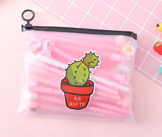 Marvel cartoon cactus boy and girl design pens in a plastic storage case.