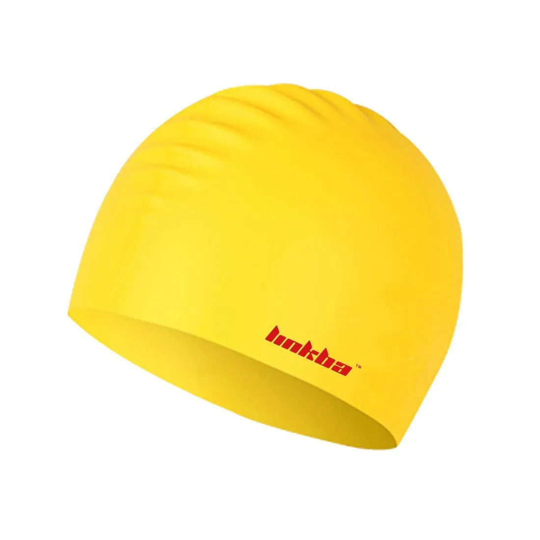 Silicone swimming cap with waterproof earmuffs in multiple colours on a blue background.