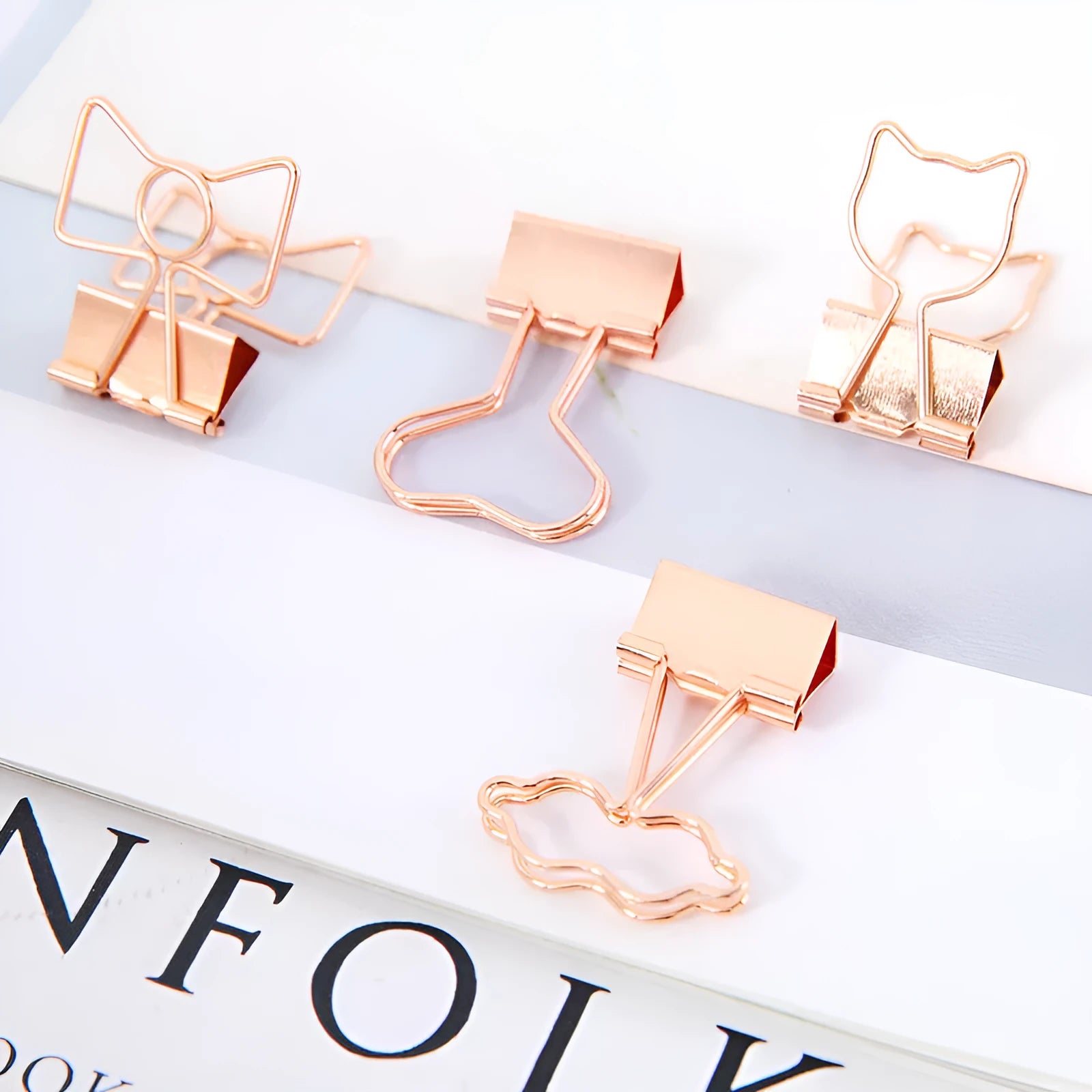 Gold decorative metal paper clips in flamingo, love heart, cloud, cat, cactus and bow shapes