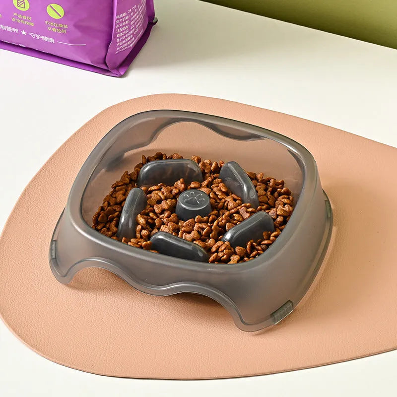 Blue plastic dog slow feeder bowl with anti-choking ridge design for puppies and dogs.