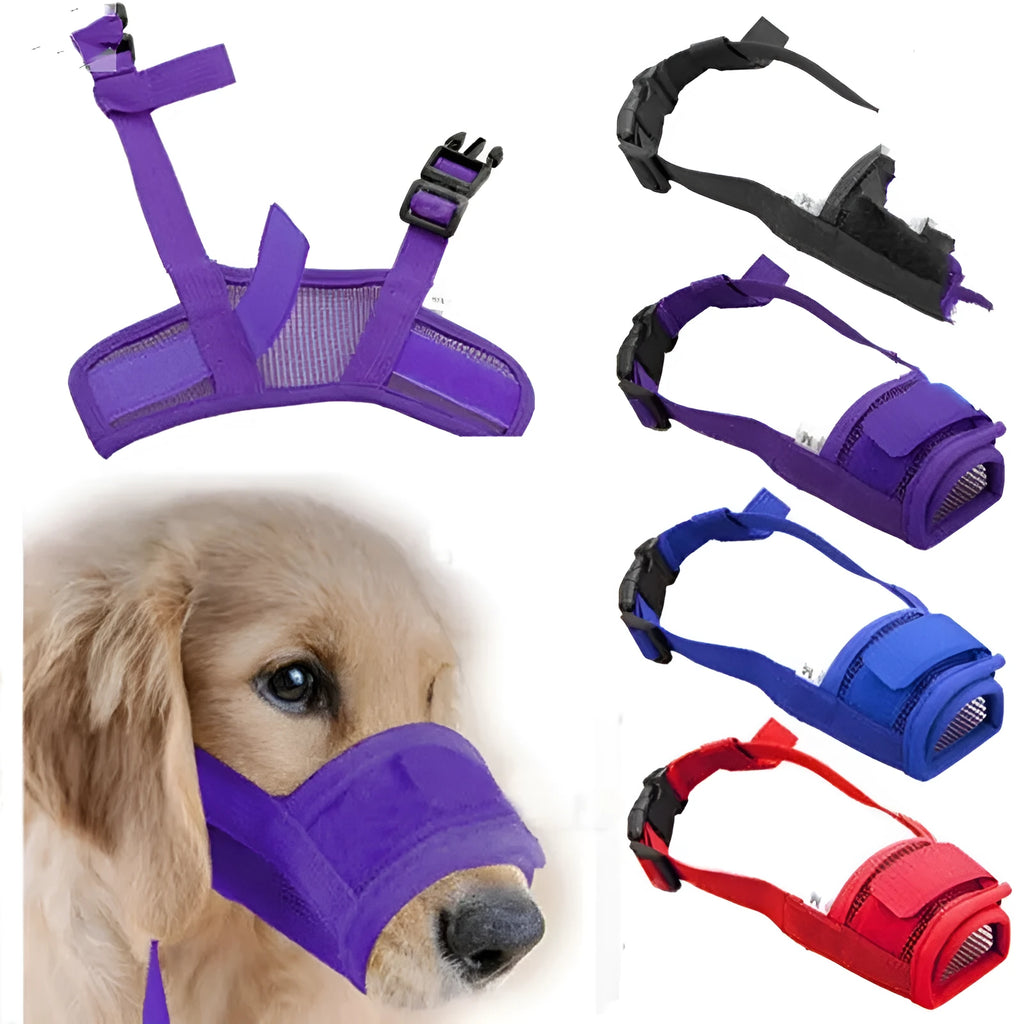 Adjustable plastic dog muzzle in multiple colours and sizes for safety and training.