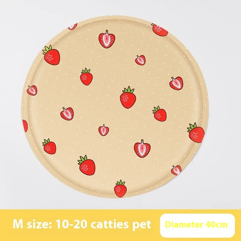 Round cloth cooling mat for dogs on a floor, showing cartoon corgi print and gel-filled design.