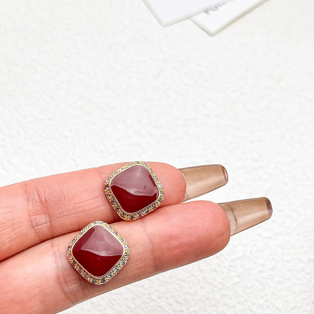 Red geometric square alloy drop earrings with retro style and seiko treatment