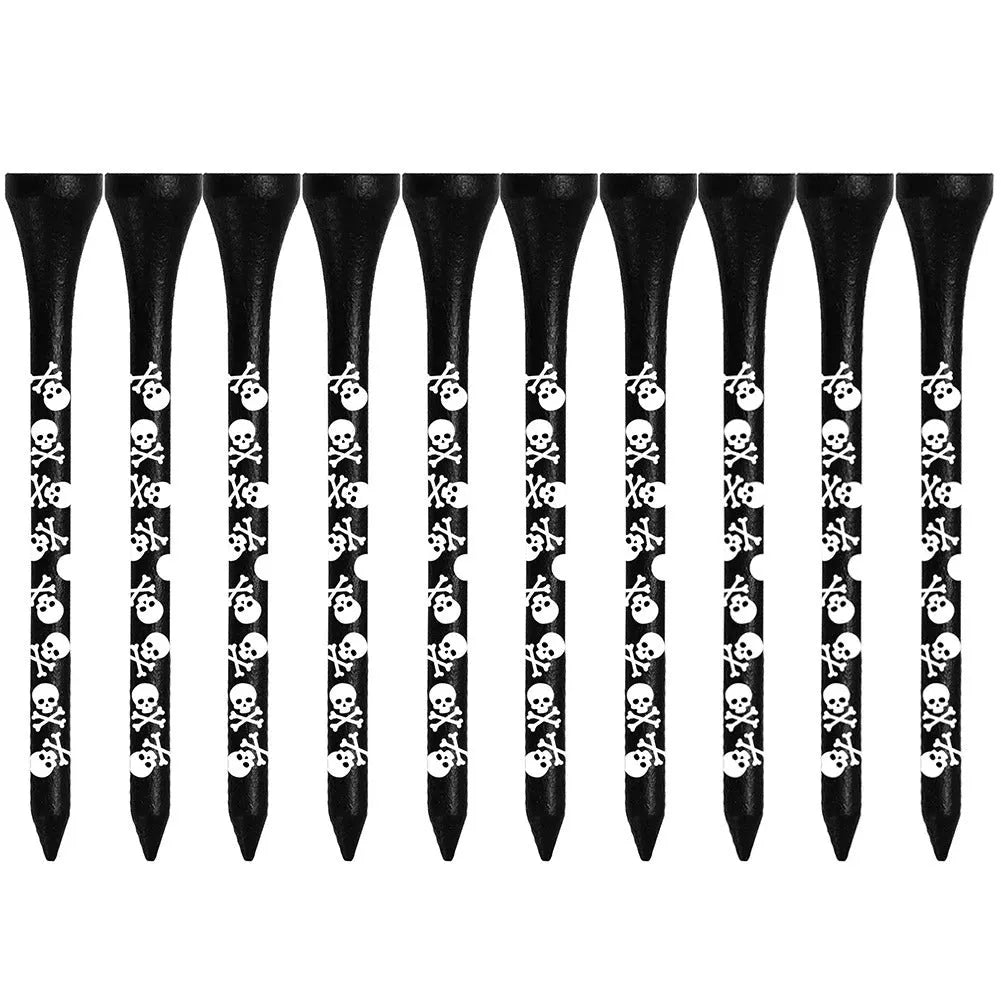 Black bamboo golf tees with skull print design showing 70mm and 83mm lengths
