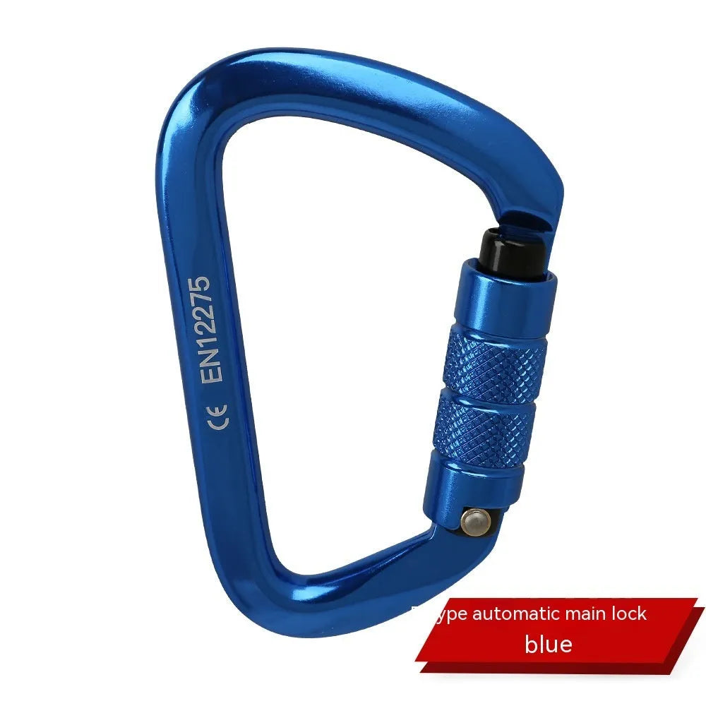 D-shaped climbing carabiner main lock shown in red, with choice of automatic or threaded gate closure.