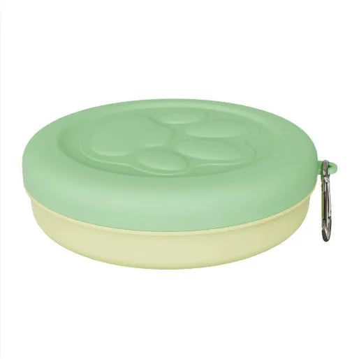 Portable two-piece dog food and water bowl in light green and pink colours, shown in large and small size options
