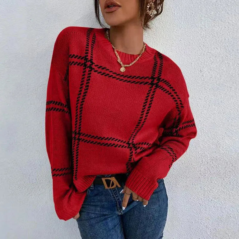 Women's loose fit plaid colour-block acrylic pullover sweater with striped pattern.