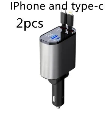 100W metal car charger with retractable cable and adjustable head for fast mobile charging in a car