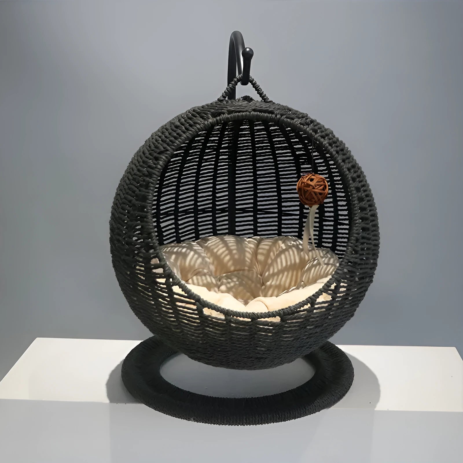 Rattan cat nest hanging basket semi-closed large size natural colour woven from PP rattan and seaweed