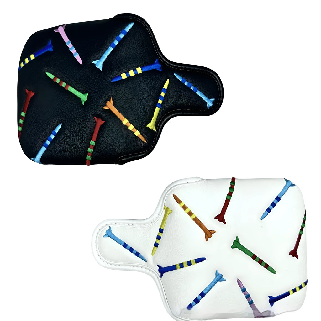 Golf putter protective sleeve with rocket pattern design for square putter heads in black PU leather