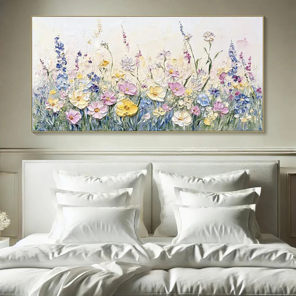 Handmade oil painting canvas wall art with 3D palette knife flowers in modern style, rolled frameless unstretched
