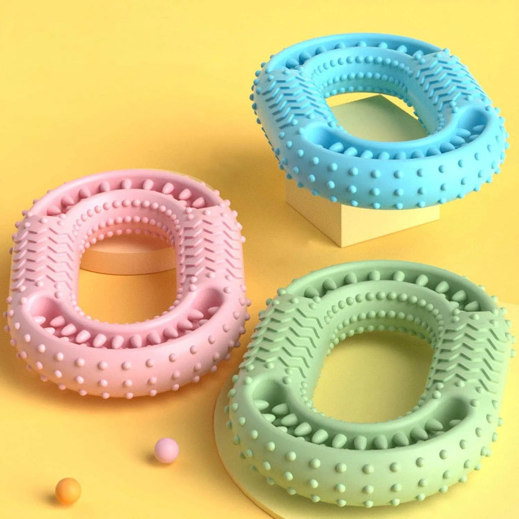 Blue green pink O-ring shaped resistant dog chewing toy for aggressive chewers and dental care